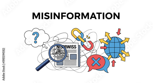 Misinformation and fake news concept illustration with broken link, magnifying glass, and global network symbols.