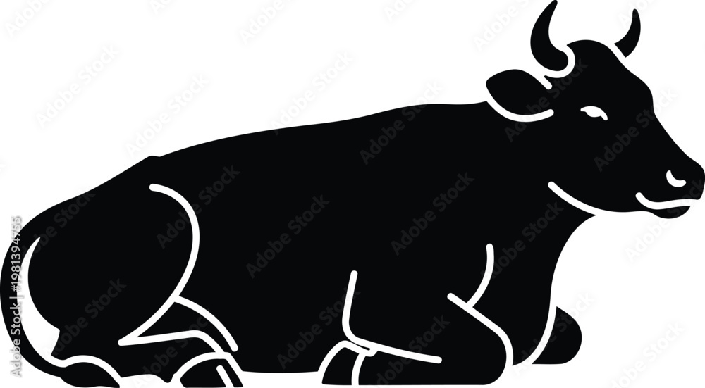Obraz premium Black cow silhouette icon resting bovine animal graphic design element isolated on white background vector