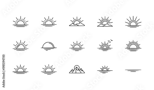 Sunrise sunset line icons horizon sun outline vector set