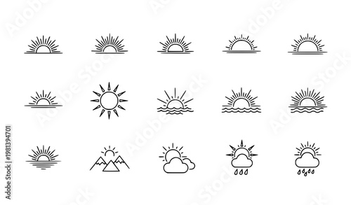 Sunrise sunset outline icons sun horizon vector collection