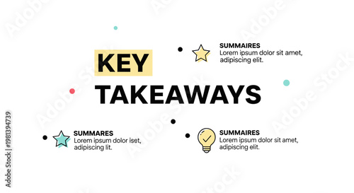 Modern infographic template for key takeaways with geometric icons and placeholder text on white background.