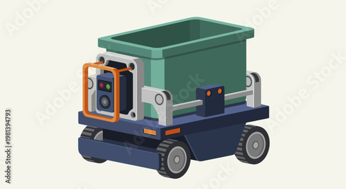 Autonomous Mobile Robot with Green Bin for Industrial Logistics.