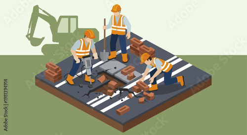 Construction workers repairing road with excavator in background.