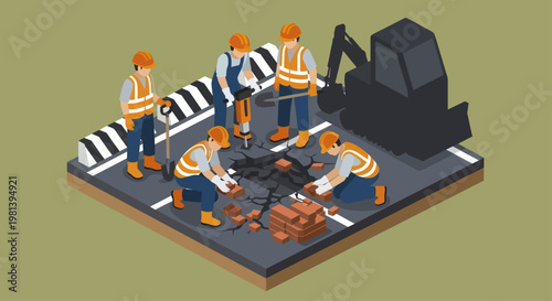 Construction workers repairing road with heavy machinery and tools.