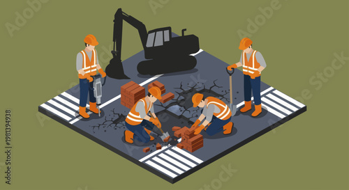 Construction workers repairing road with excavator and tools isometric view.