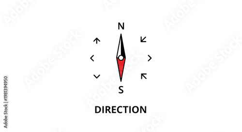 Compass needle icon pointing north and south with direction arrows and text.
