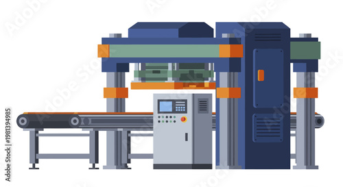 Industrial Automated Manufacturing Machine with Conveyor Belt and Control Panel.