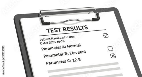 Medical test results on clipboard illustration with normal and elevated parameters.