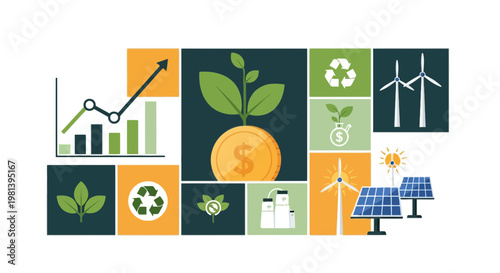 Eco Friendly Business Startup Concept with Sustainable Investment, Green Energy, Renewable Resources, and Financial Growth - Vector Illustration