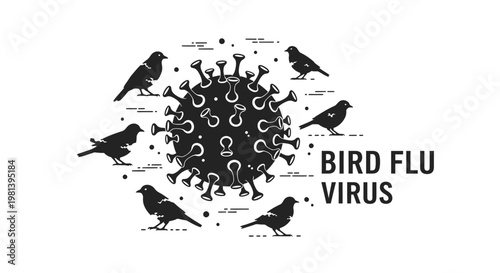 Bird flu virus illustration with avian silhouettes surrounding a viral cell.