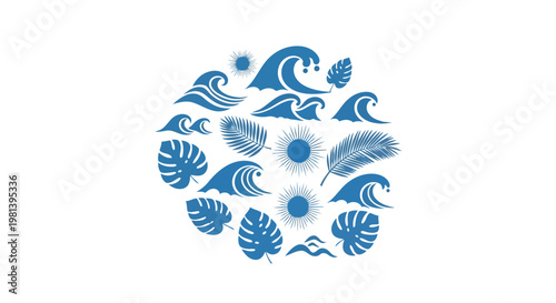 A blue circular design with various sea creatures and waves
