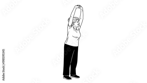 Senior elderly woman doing morning stretching exercises with arms raised overhead, vector illustration.