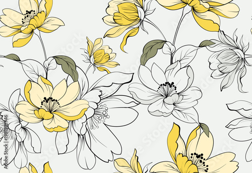 Seamless blooming pattern. Line floral pattern.