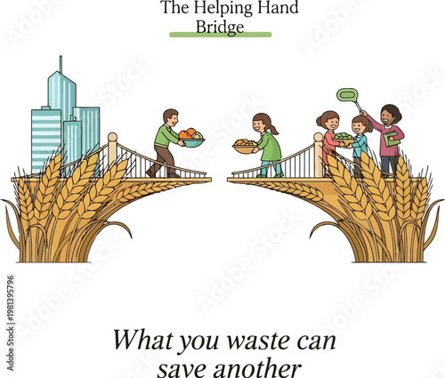 Charity bridge concept connecting urban food waste to hungry community members for hunger relief support