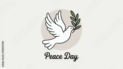 Hand drawn dove of peace with olive branch and text peace day illustration symbolic diplomacy international celebration greeting symbolism