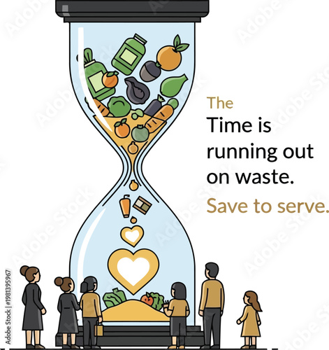 food waste concept illustration with hourglass and people gathering to save resources for sustainability campaign