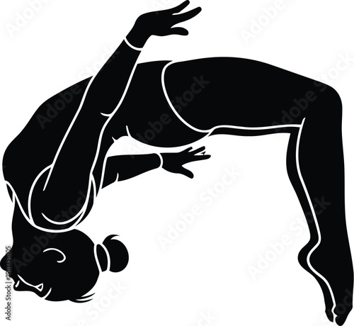 Black silhouette of a female gymnast performing a back bridge exercise on white background isolate