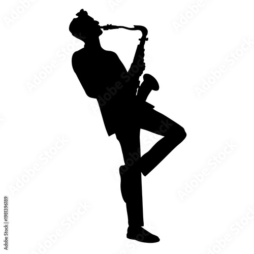 A silhouette of a person playing the saxophone.