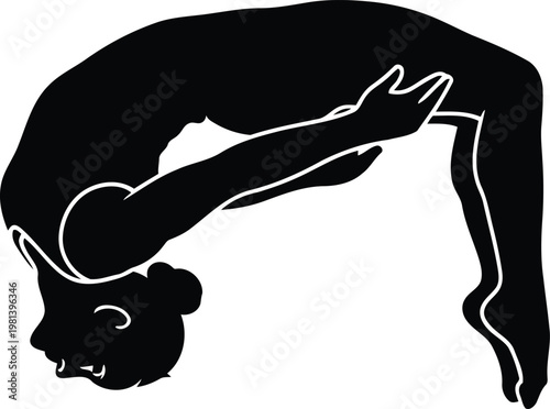 Black silhouette of a gymnast performing a back bridge exercise isolated on white background