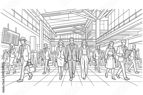 Business people walking in modern airport terminal concourse with departure board in background.