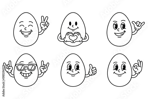 Cartoon egg characters showing various hand gestures in retro rubber hose animation style.