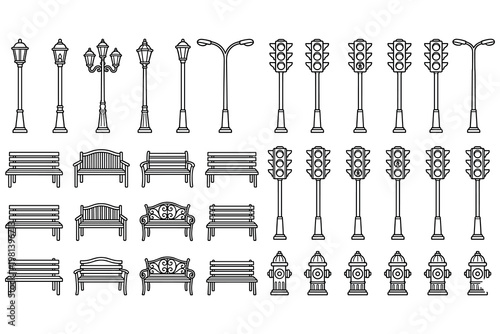 Bilde på lerret Collection of urban street furniture and traffic control elements line art