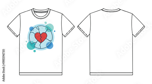 White t-shirt front and back view with a cracked red heart graphic and abstract circles t shirt clothing abstract isolated template illustration