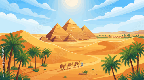 Egyptian Desert Landscape with Pyramids and Palm Trees Vector Illustration