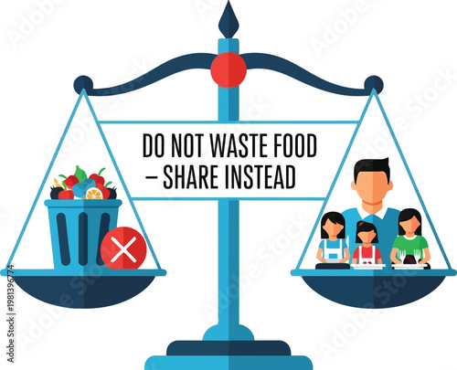 Conceptual illustration showing weight scale balancing food waste against hungry family for charity awareness campaign