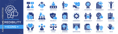 Credibility icon collection set. Containing design Perception, Trust, Reputation, Integrity, Honesty. Solid icon collection.