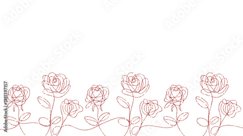 Rose gold glitter line art of multiple rose flowers with stems and leaves along the bottom of the frame design element white background bottom borde