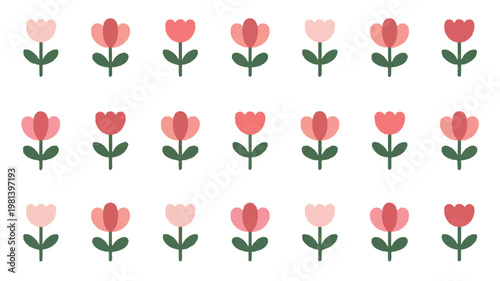 Repeating pattern of simple flat tulips in pink and red hues green stems and leaves on a white background with hand drawn botanical seasonal