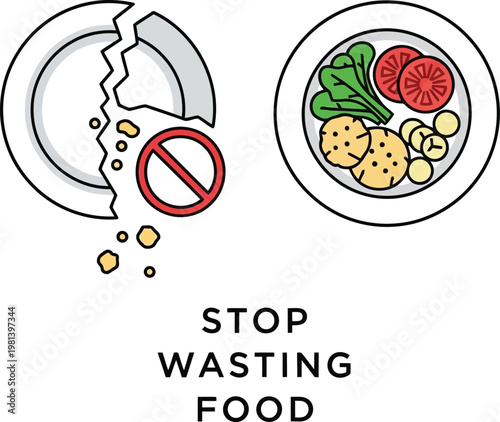 фотографія Stop Wasting Food Concept Icon Showing Empty Broken Plate Versus Full Healthy Ve