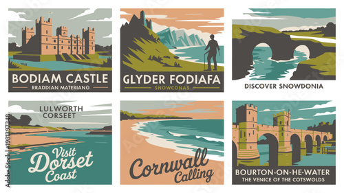 A collection of vintage travel posters featuring famous landmarks and destinations in the United Kingdom