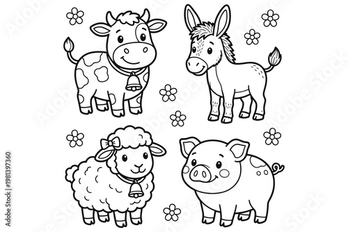 Farm animals coloring page with cute cow donkey sheep and pig outline characters for kids.