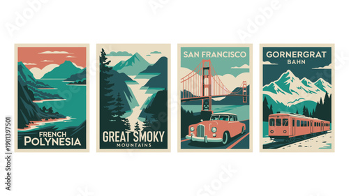 Vintage travel posters showcasing iconic destinations and landmarks in a retro style