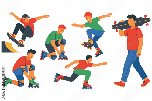 Group of young people enjoying extreme sports like skateboarding and rollerblading outdoors.