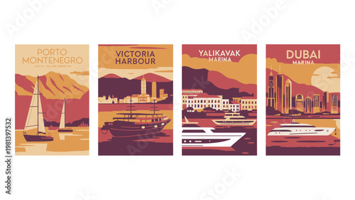 A collection of vintage travel posters featuring famous marinas and harbors around the world.