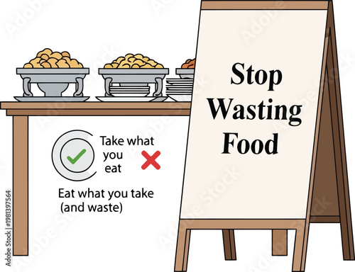 Stop wasting food signage at hotel buffet table with sustainable eating educational message for guests