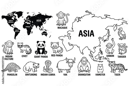 Map of Asia continent with diverse wildlife animals for educational purposes and geography.