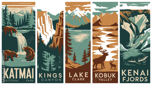 A collection of vintage style travel posters featuring national parks in Alaska