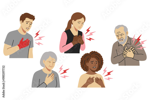 People suffering from chest pain and heart attack symptoms medical infographic illustration.