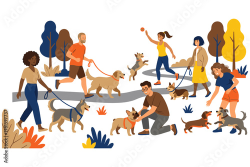 People walking their dogs in park, group of friends meeting outdoors with pets.