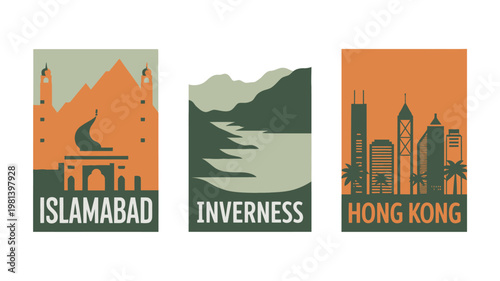 A graphic illustration of three travel destination posters for Islamabad, Inverness, and Hong Kong