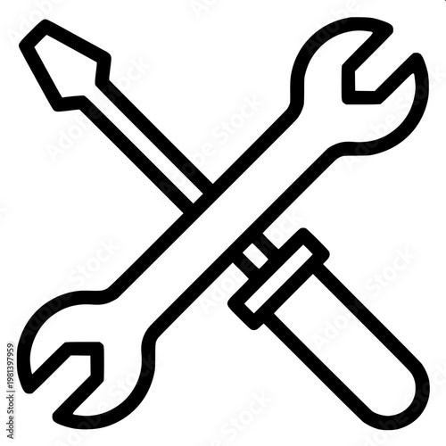 “Minimalist black-and-white vector icon of a crossed wrench and screwdriver, clean silhouette style, repair symbol.”