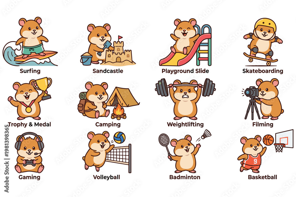 Obraz premium Set of cute hamster character doing various activities like surfing and skateboarding.