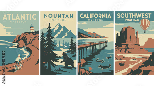 Vintage travel posters showcasing scenic landscapes of Atlantic coast, mountain range, California pier, and Southwest desert