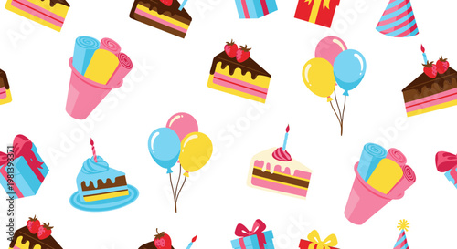 Birthday Party Seamless Pattern Vector Illustration Featuring Colorful Cakes Balloons Gifts and Ice Cream Rolls for Festive Celebration Background Design