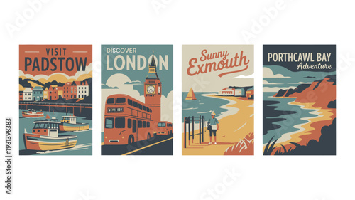 Vintage travel posters showcasing popular UK destinations and landmarks in a retro style