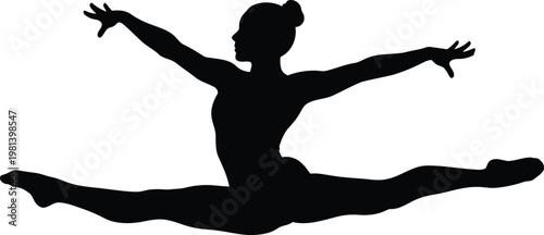 Black silhouette of a female gymnast performing a graceful horizontal split jump isolated on white